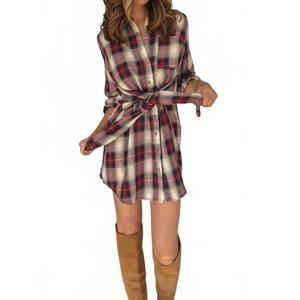 NEW PEACE LOVE LINE front tie plaid dress in red/tan